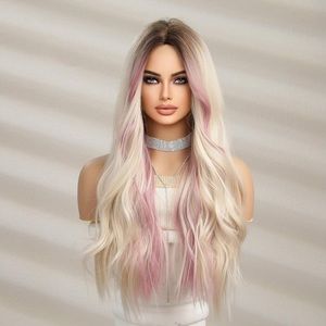 Blonde Synthetic Brown Mixed Pink Blond Long Wavy Wig, absolutely stunning